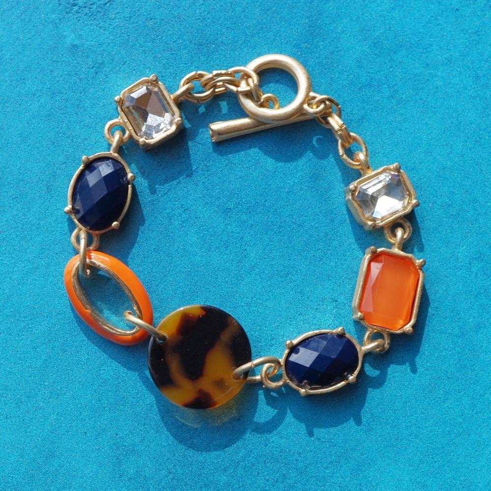 1990s Matte Gold Toggle Bracelet — Enamel, Resin & Crystal Mix, 7.5"